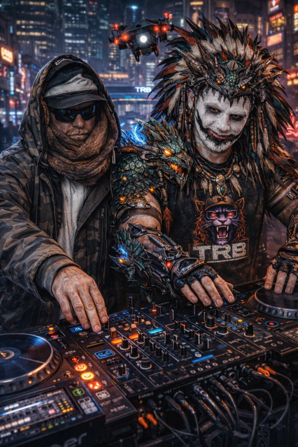 Thunderfoot and RISC performing live set together at mixer console