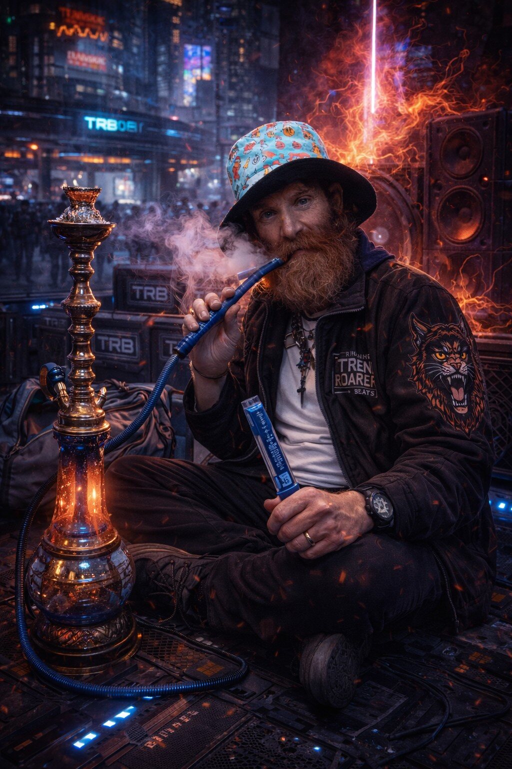 Jackal sitting smoking hookah with bucket hat and beard