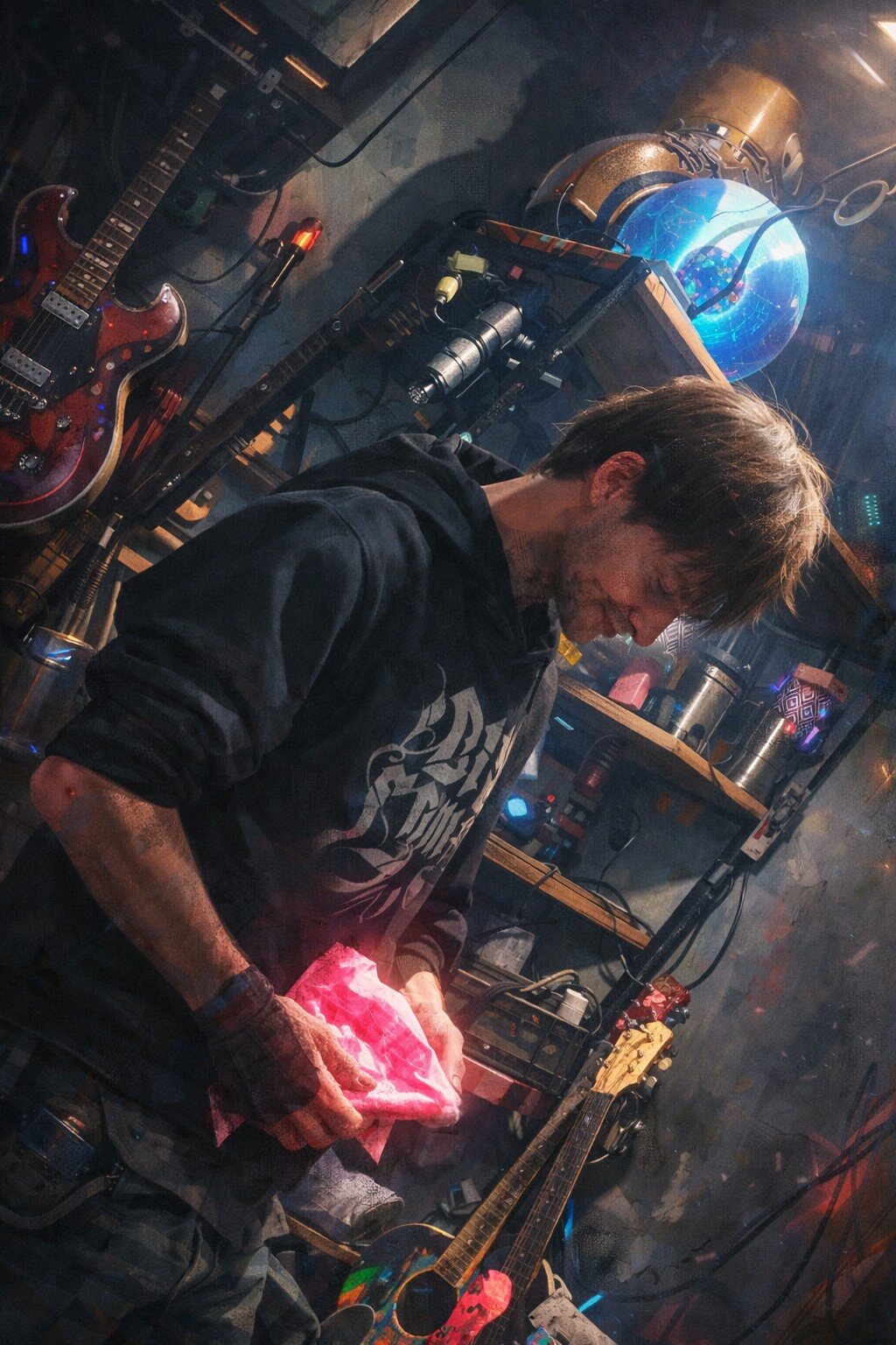 The Maker working with strange luminous material in workshop surrounded by guitars