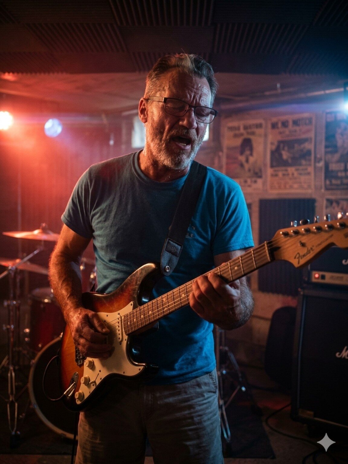Johnny Rock intensely playing Fender electric guitar on stage