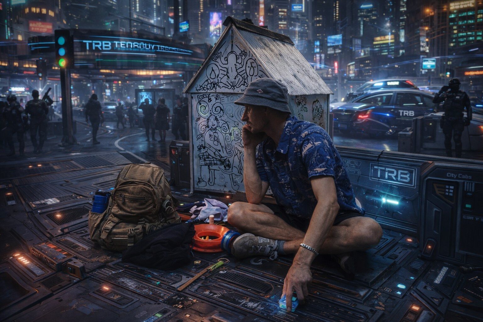 Doc seated on street surrounded by gear and illustrated hut