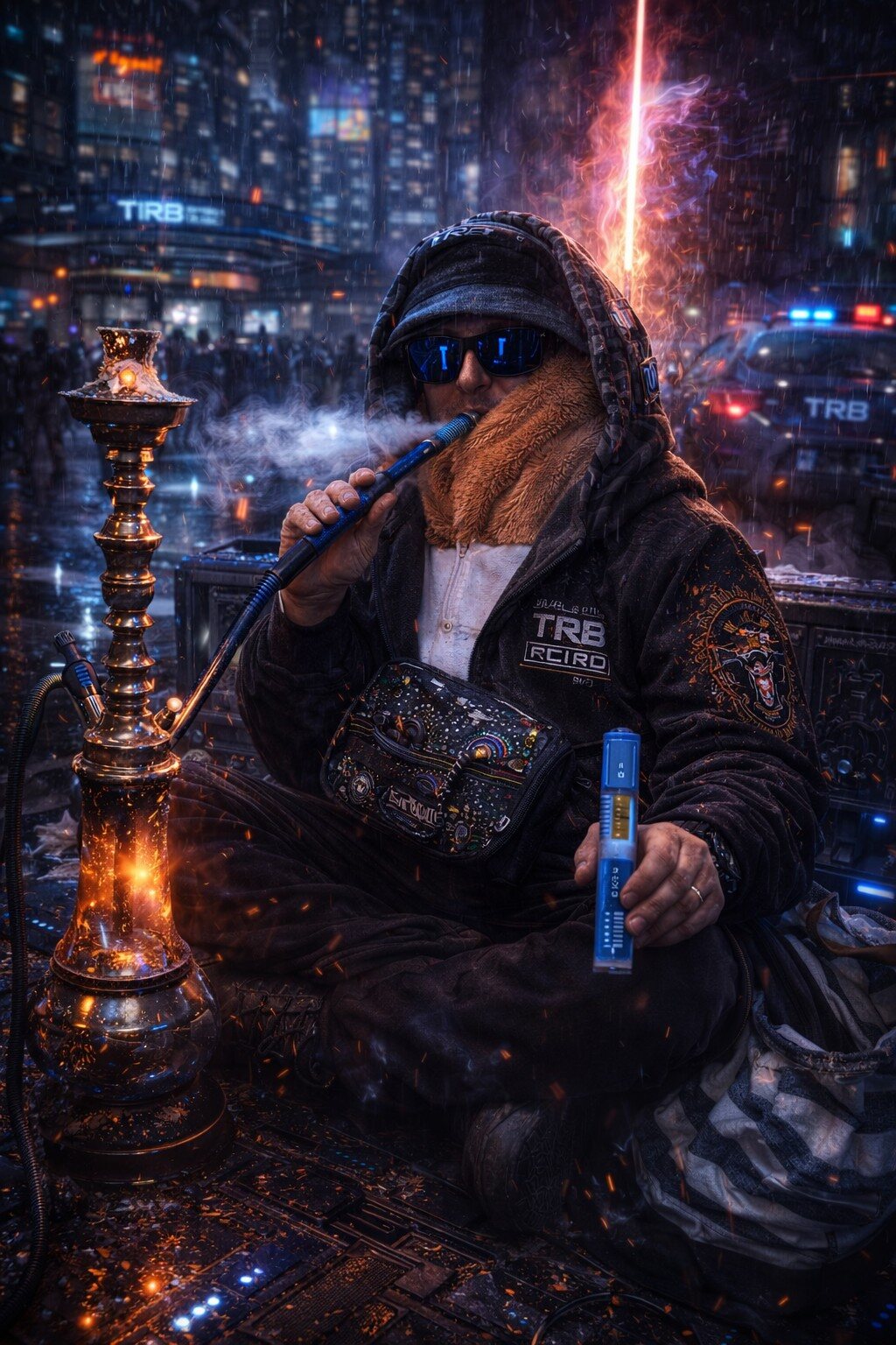 RISC wearing hood, sunglasses, neck warmer, smoking hookah with Starfield chest deck