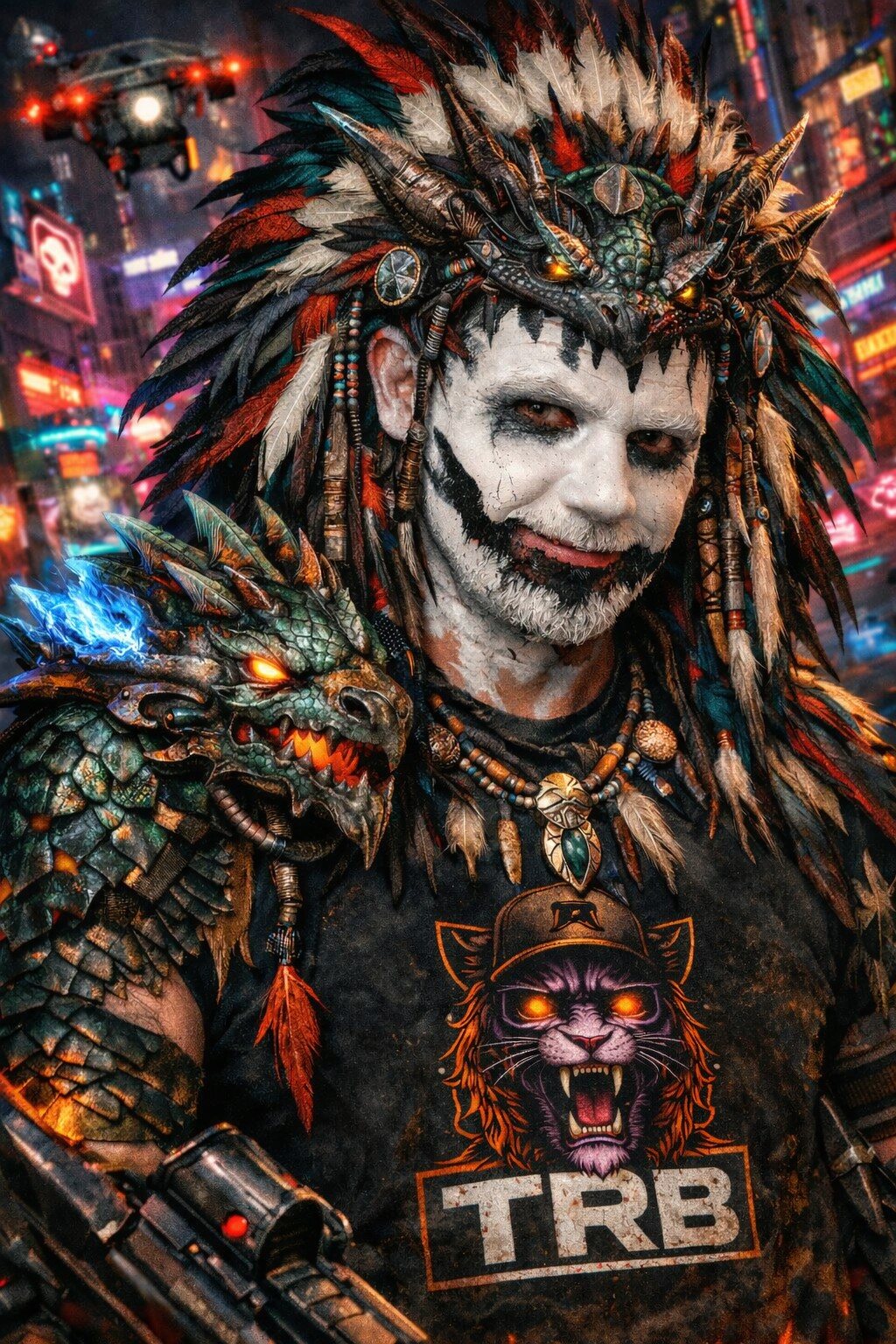 Thunderfoot wearing biomechanical dragon headdress, painted face, TRB shirt