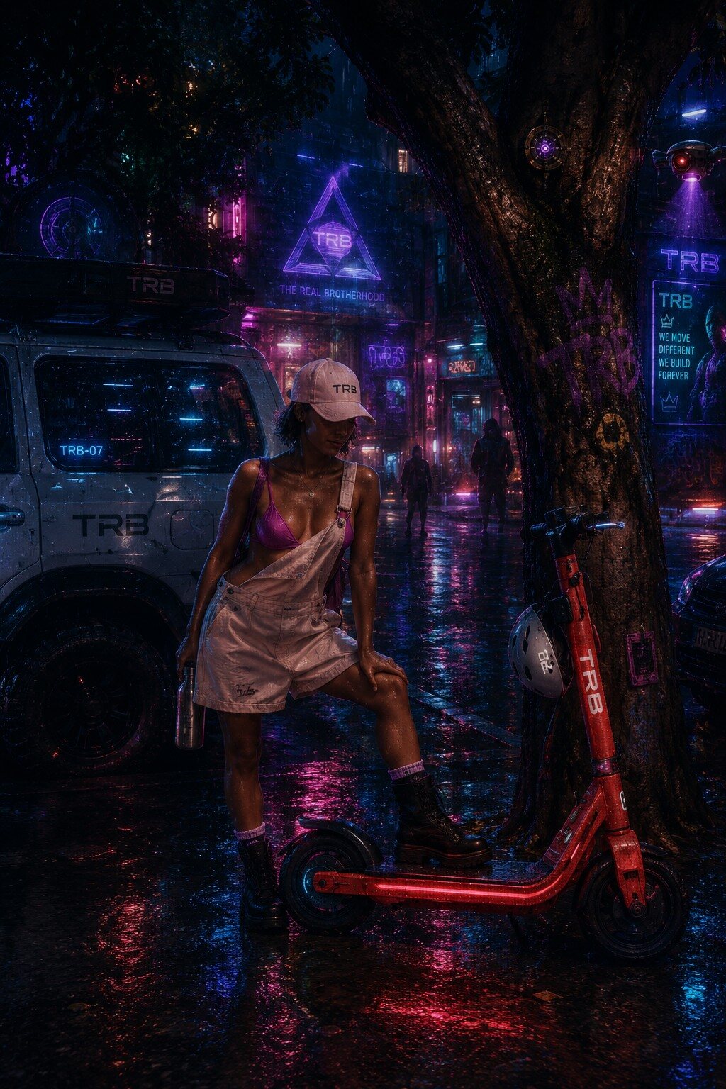 Neon rain soaked city street with TRB vehicle and civilian mobility